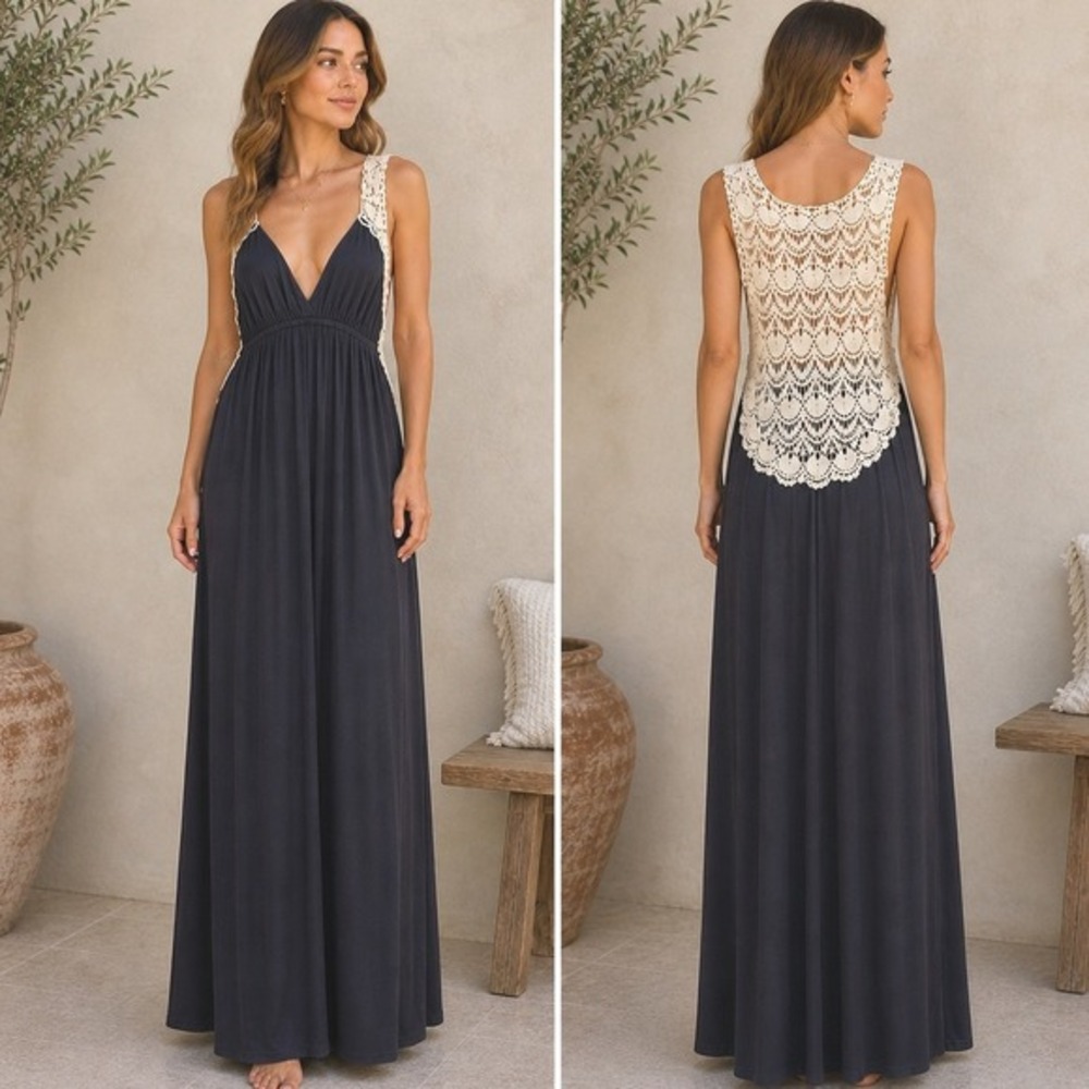 Navy Deep V Maxi Dress Womens XS Crochet Back Coastal Boho Festival Beach Resort
